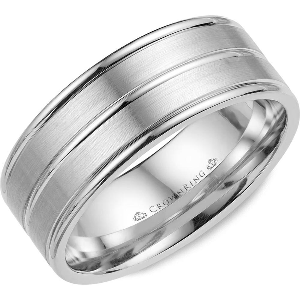 CrownRing Men's Wedding Band - Brushed Finish with Triple Polished  Line Grooves in 14K White Gold - 8mm Width from the Classic Collection