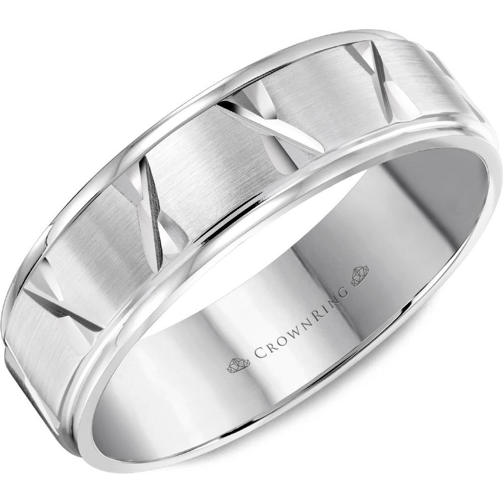 CrownRing Men's Wedding Band - Brushed Finish with X-Carved Accents in 14K White Gold - 6mm Width from the Carved Collection