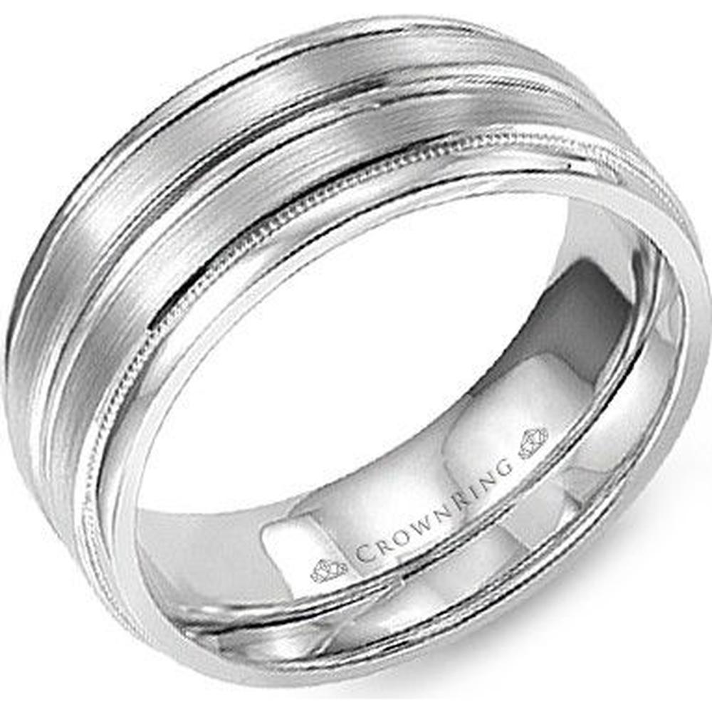 CrownRing Men's Wedding Band - Brushed Grooved Band with Polished Edge Detailing in 14K White Gold - 6mm Width from the Classic Collection