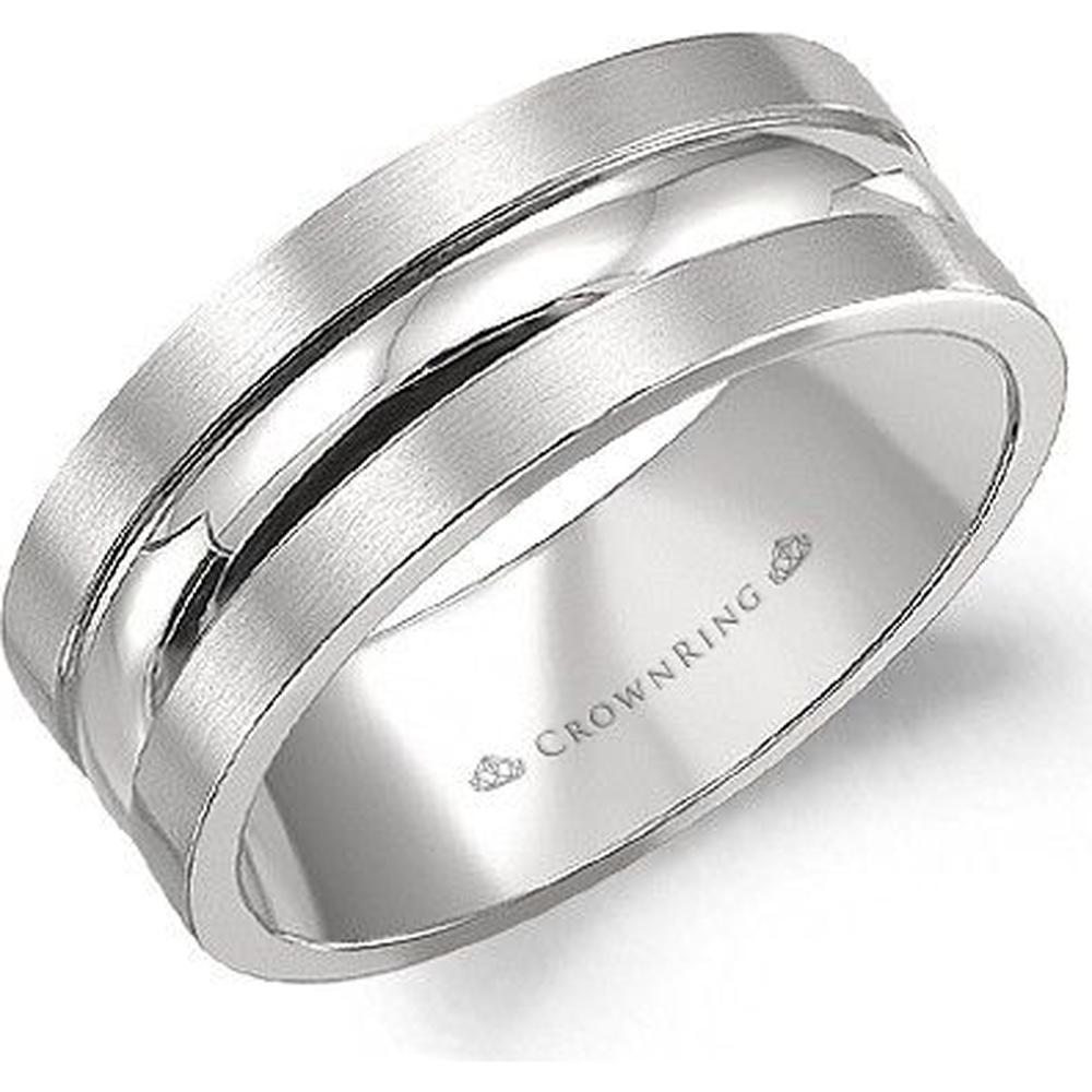 CrownRing Men's Wedding Band - Brushed Matte Band with Wide Polished Grooved Center in 14K White Gold - 8mm Width from the Classic Collection