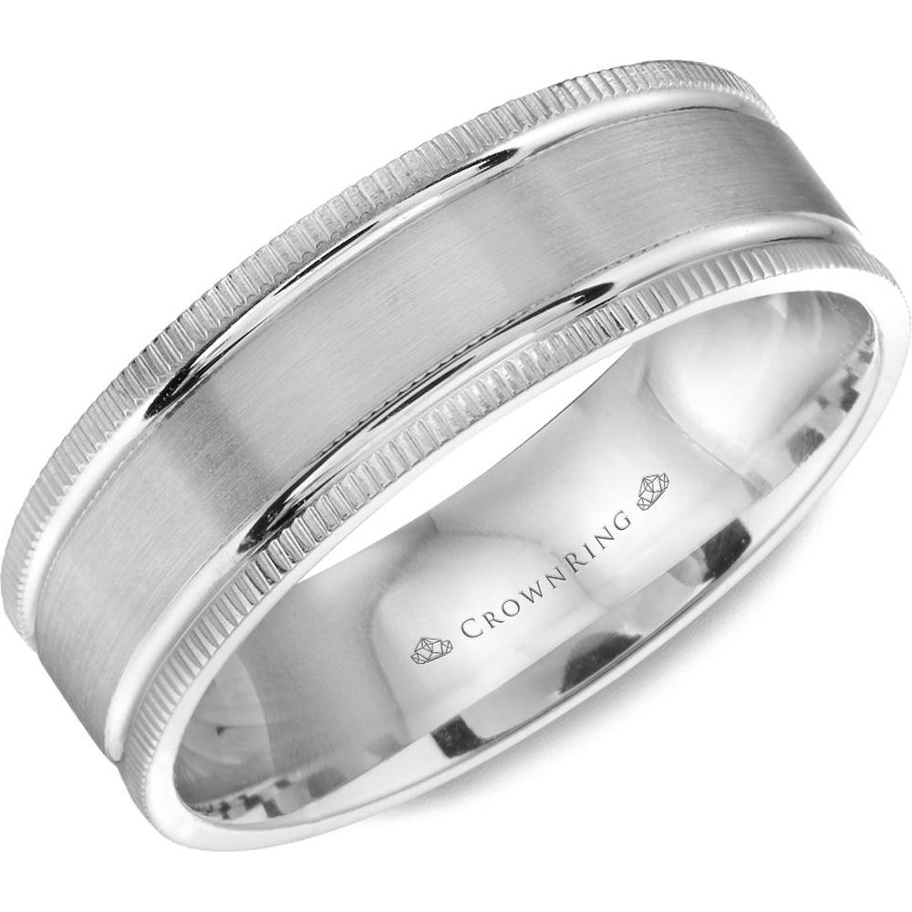 CrownRing Men's Wedding Band - Brushed Matte Center with Dual Polished Grooves and Milgrain Detailing in 14K White Gold - 6.5mm Width from the Classic Collection