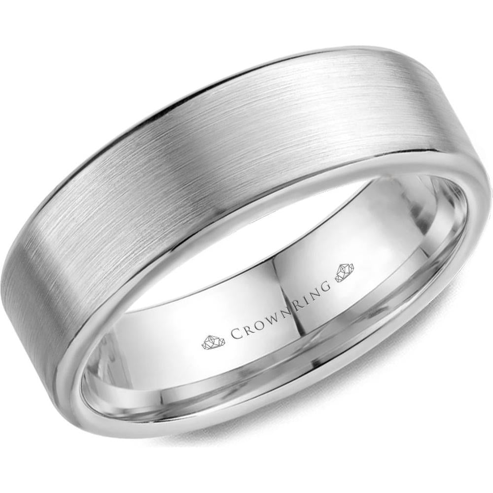 CrownRing Men's Wedding Band - Brushed Matte Center with Polished Edges in 14K Light Version White Gold - 7mm Width from the Classic Collection