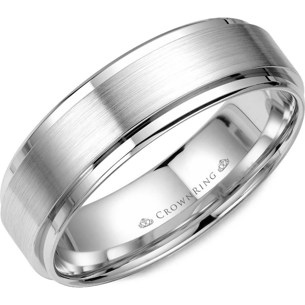 CrownRing Men's Wedding Band - Brushed Matte Center with Stepped Polished Edges  in 14K White Gold - 6mm Width from the Classic Collection