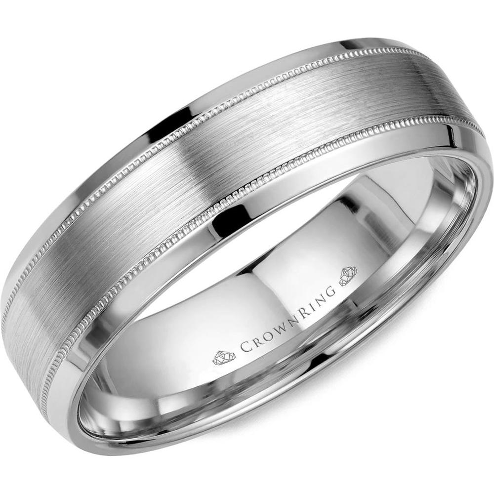 CrownRing Men's Wedding Band - Brushed Matte Finish Beveled Edge and Milgrain Detailing in 14K White Gold - 6mm Width from the Classic Collection