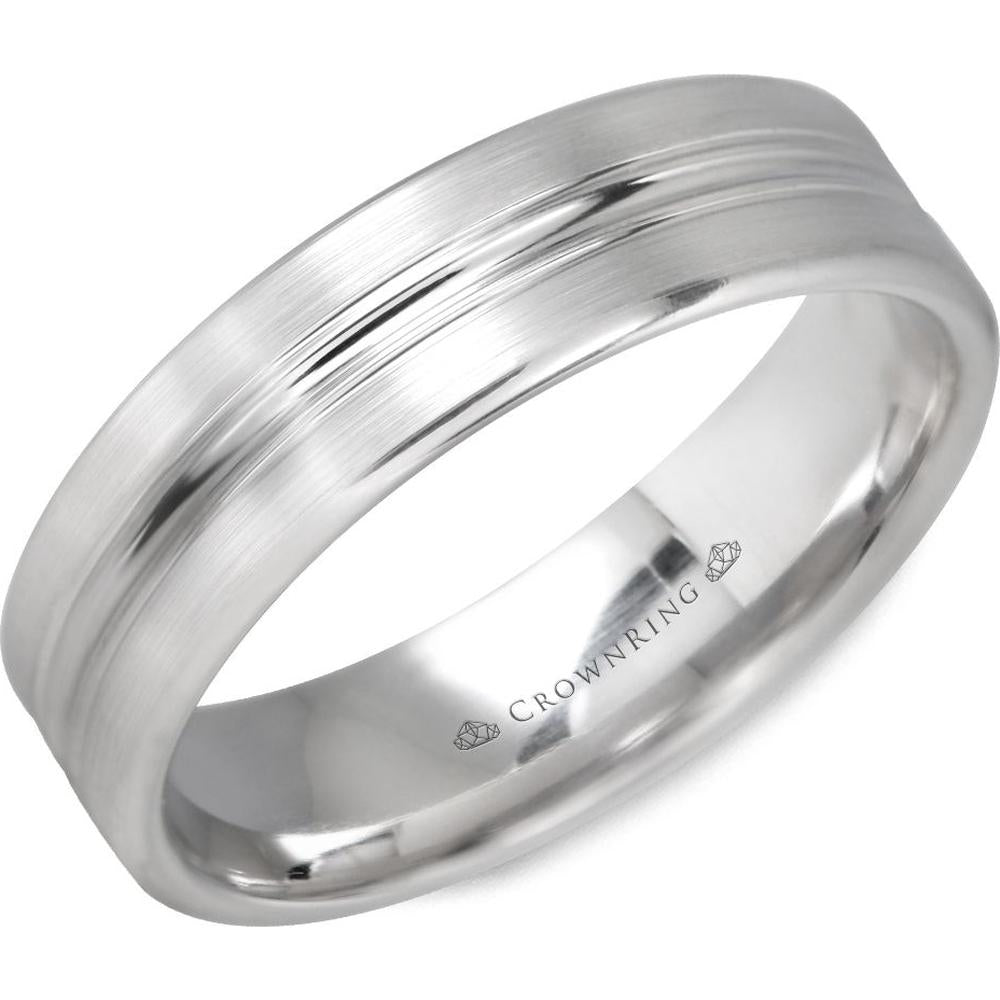 CrownRing Men's Wedding Band - Brushed Matte Finish with Dual High-Polish Grooves in 14K White Gold - 6mm Width from the Classic Collection
