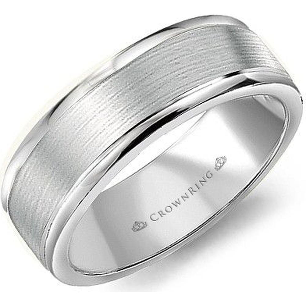 CrownRing Men's Wedding Band - Brushed Matte Finish with Polished Edge Detailing in 14K White Gold - 8mm Width from the Classic Collection
