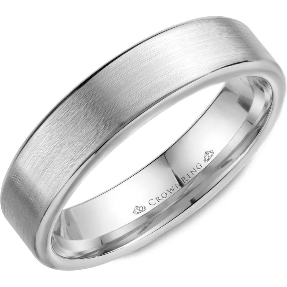 CrownRing Men's Wedding Band - Brushed Matte Finish with Polished Edges in 14K Light Version White Gold - 5.5mm Width from the Classic Collection