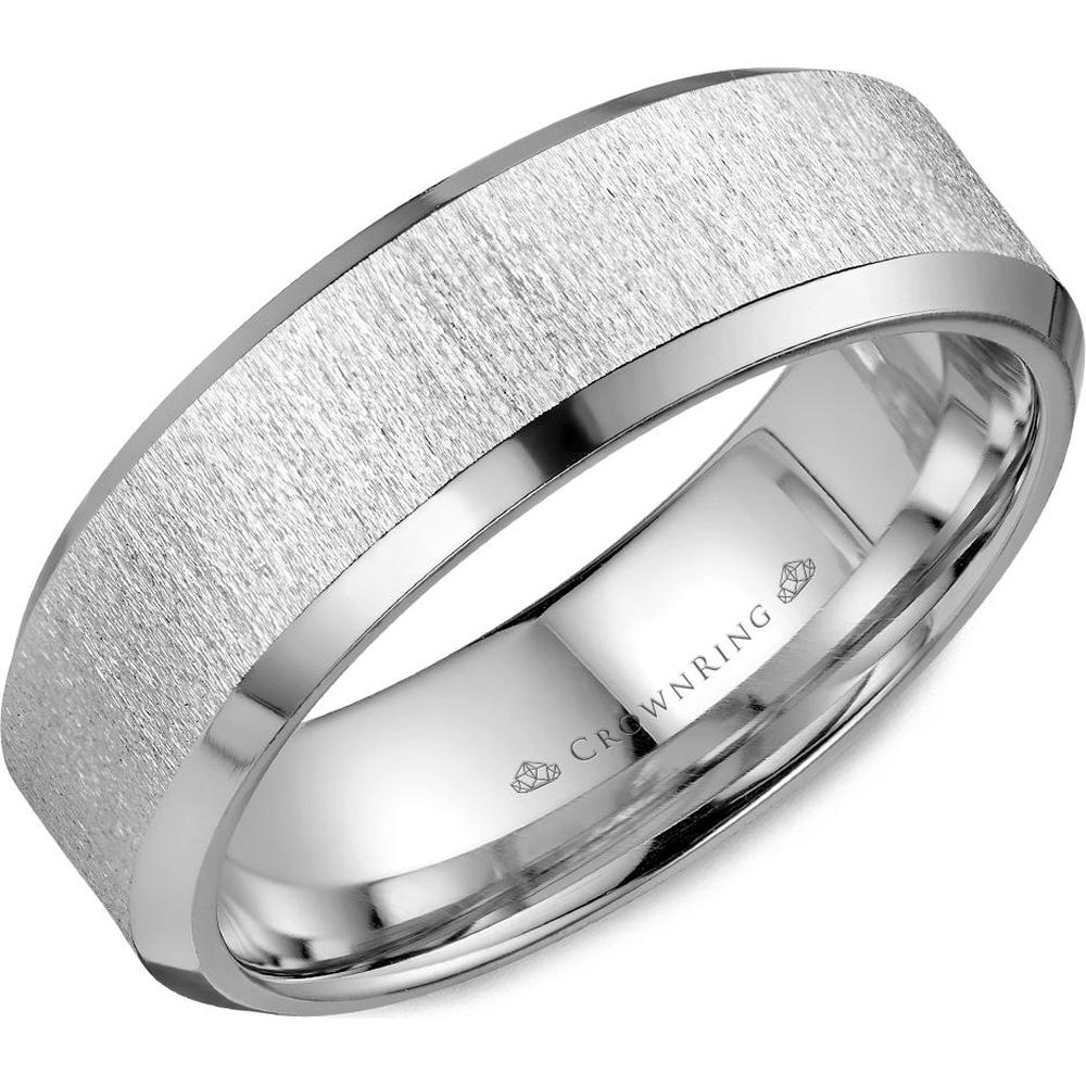 CrownRing Men's Wedding Band - Brushed Matte Textured Band with Polished Beveled Edges in 14K White Gold - 7mm Width from the Classic Collection