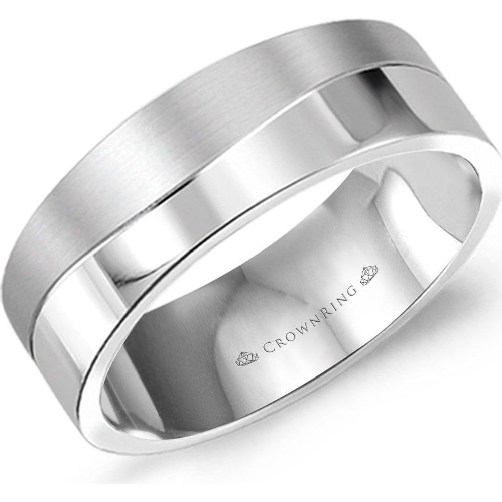 CrownRing Men's Wedding Band - Brushed / Polished Wave Finish in 14K White Gold - 8mm Width from the Classic Collection