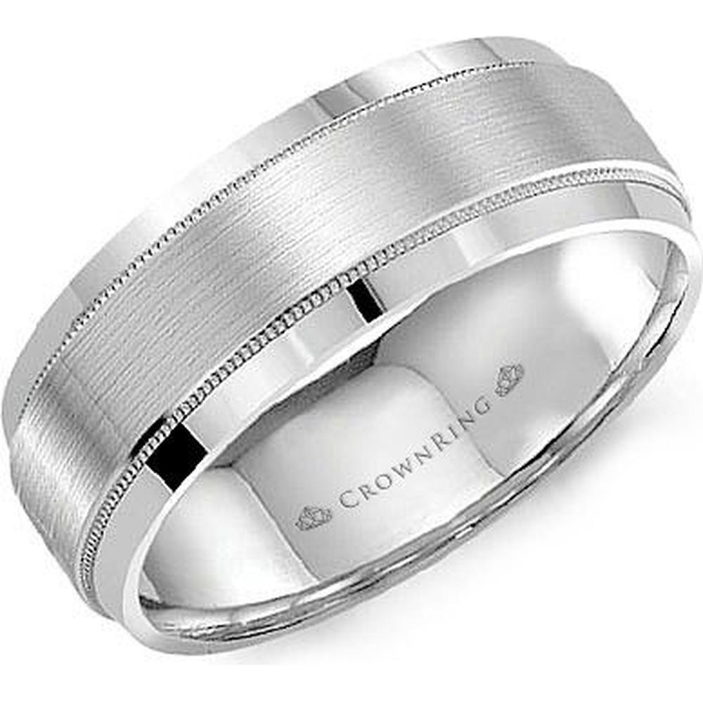 CrownRing Men's Wedding Band - Brushed Satin Band with Polished Beveled Edges & Milgrain Detailing in 14K White Gold - 8mm Width from the Classic Collection