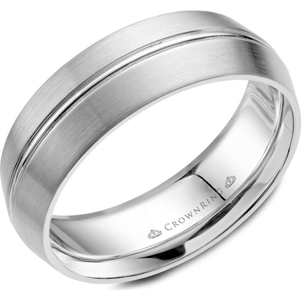 CrownRing Men's Wedding Band - Brushed Satin Band with Subtle Dual Groove Detailing in 14K White Gold - 7mm Width from the Classic Collection