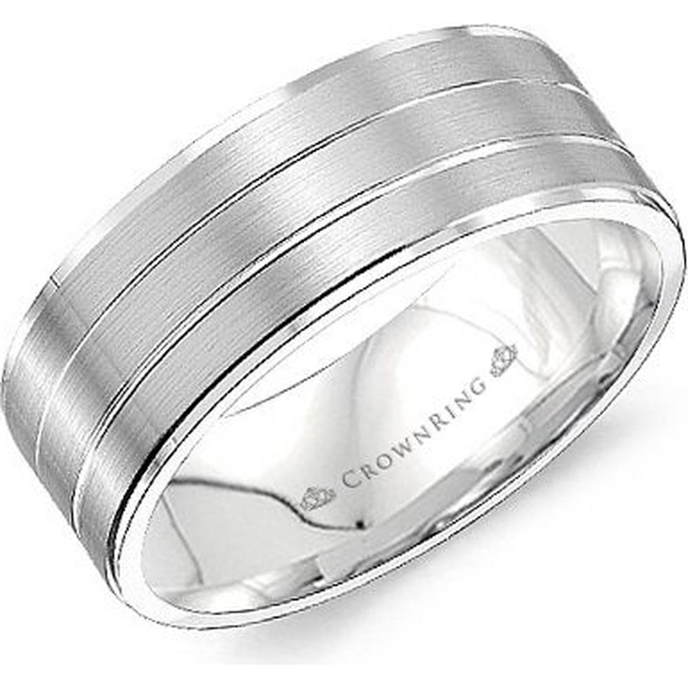 CrownRing Men's Wedding Band - Brushed Satin Double Groove Band with Polished Edges in 14K White Gold - 6mm Width from the Classic Collection
