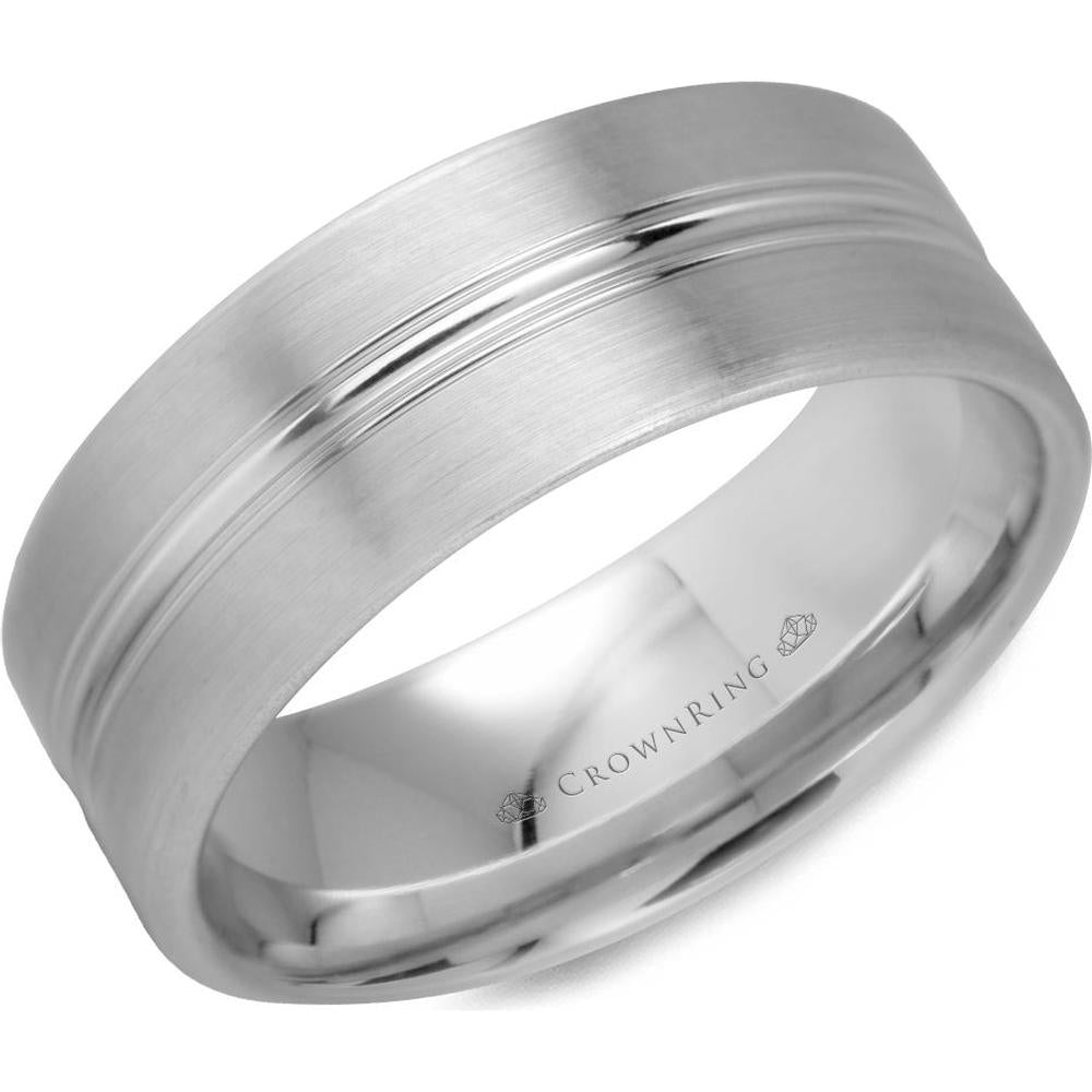 CrownRing Men's Wedding Band - Brushed Satin Finish Band with Double Grooved Detailing in 14K White Gold - 8mm Width from the Classic Collection