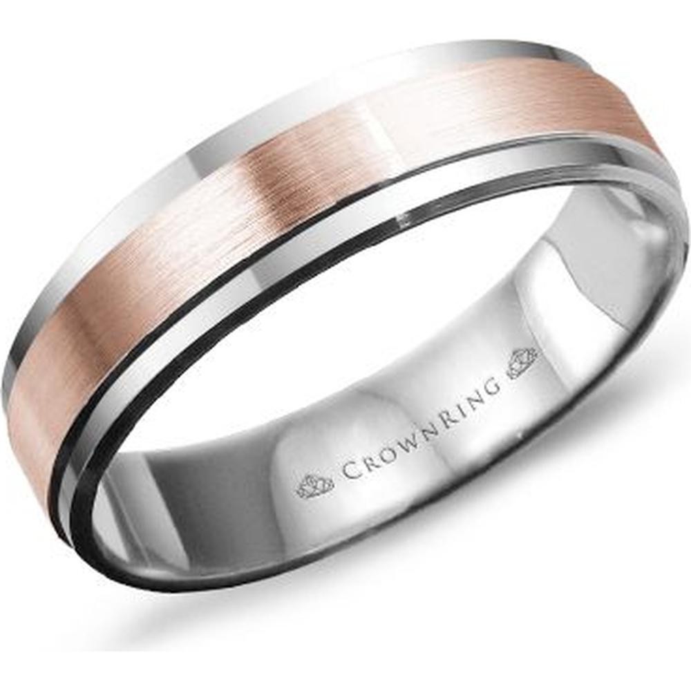 CrownRing Men's Wedding Band - Brushed Satin Finish with Dual Polished Step Grooved Detailing in 14K Light Version Rose Gold and White Gold - 5.5mm Width from the Classic Collection