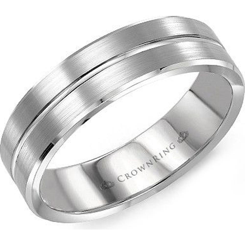 CrownRing Men's Wedding Band - Brushed Satin Finish with Polished Groove and Edges in 14K White Gold - 7mm Width from the Classic Collection