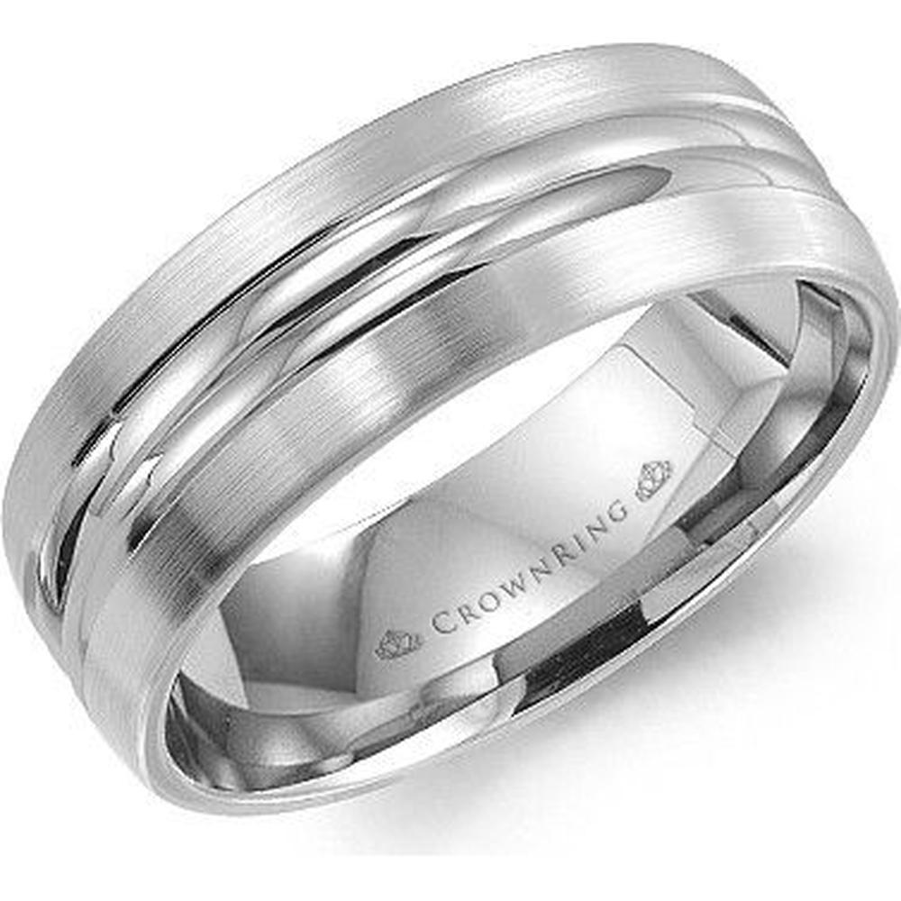 CrownRing Men's Wedding Band - Brushed Satin Finish with Polished Grooved Detailing in 14K White Gold - 7.5mm Width from the Classic Collection
