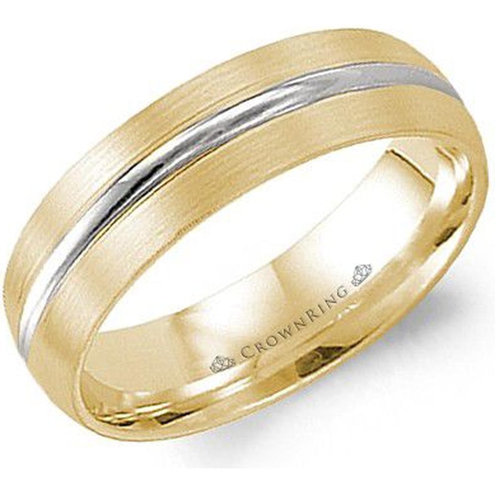 CrownRing Men's Wedding Band - Brushed Satin Gold Band with Polished Inlay Detailing in 14K Yellow Gold - 6mm Width from the Classic Collection