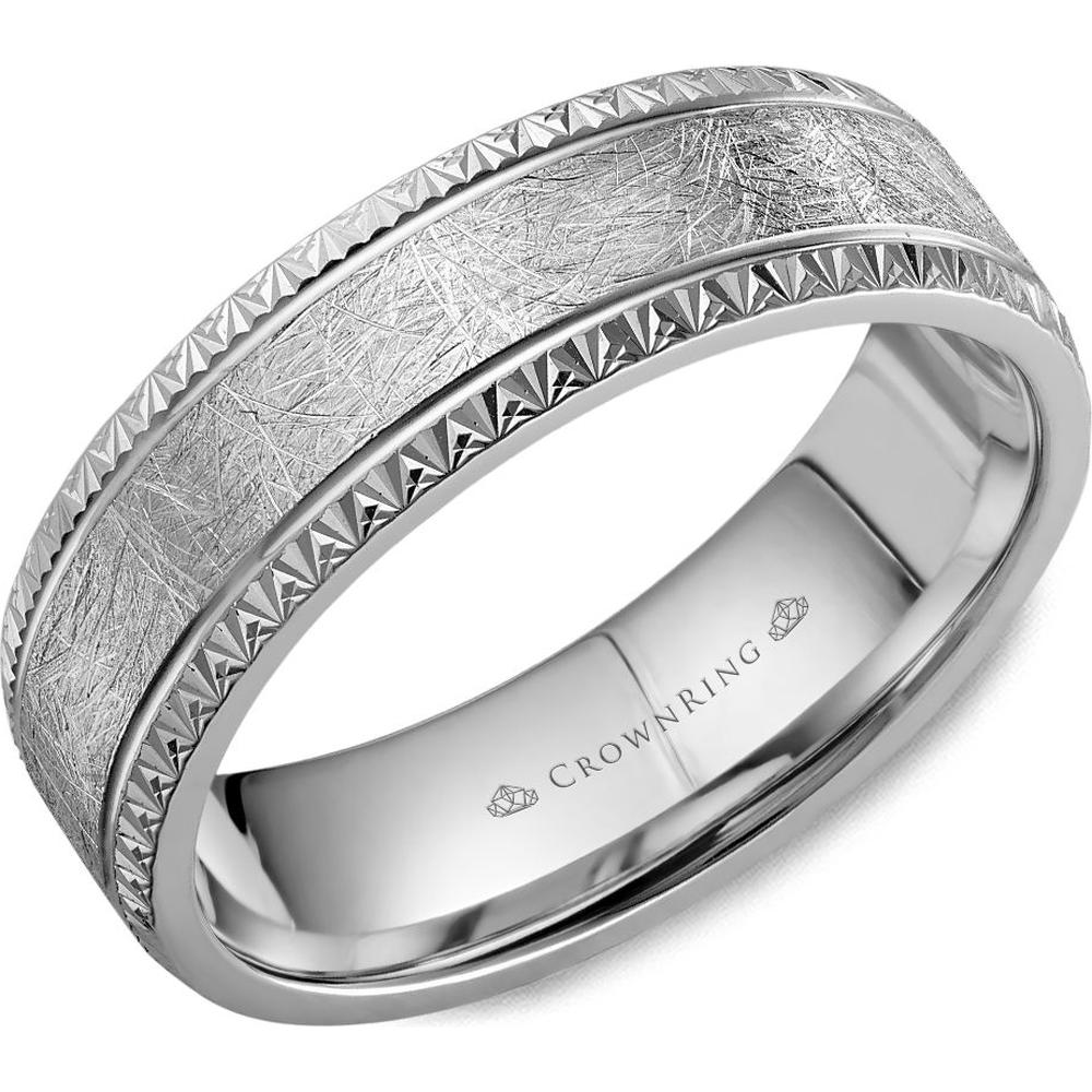 CrownRing Men's Wedding Band - Brushed Scratch-Finish with Geometric Ridge Edges in 14K White Gold - 6.5mm Width from the Carved Collection