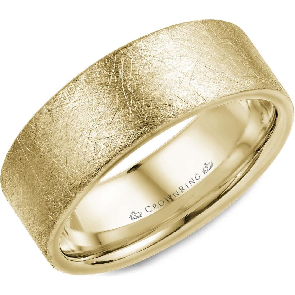 CrownRing Men's Wedding Band - Brushed Scratch-Pattern Matte Finish in 14K Yellow Gold - 8mm Width from the Classic Collection