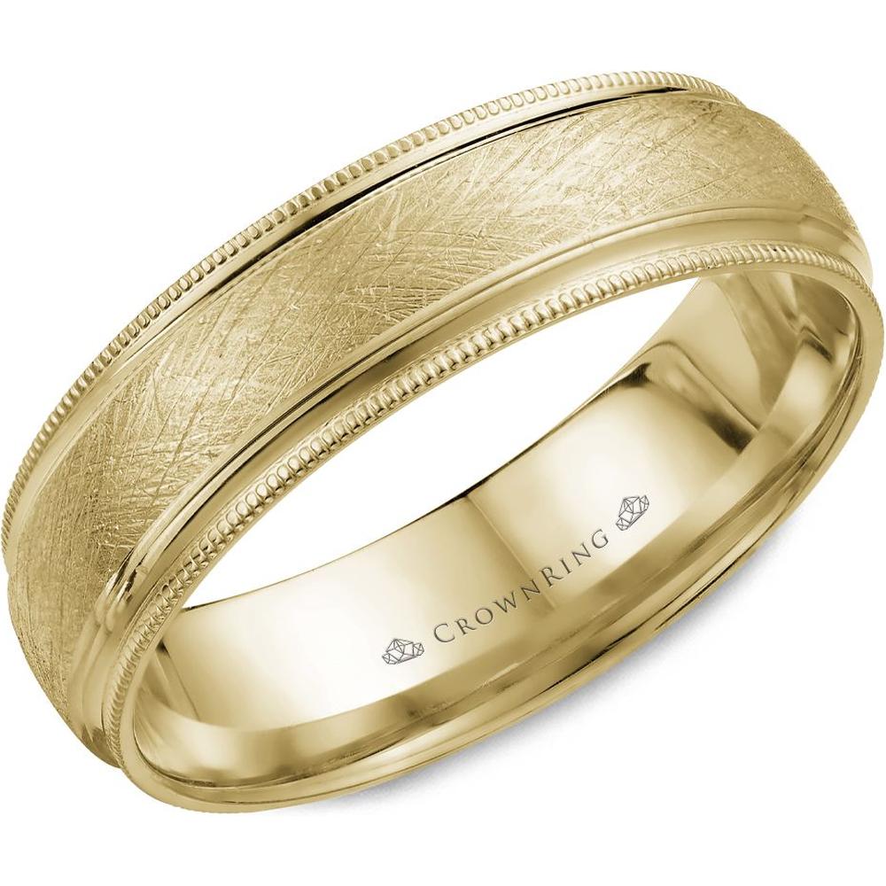 CrownRing Men's Wedding Band - Brushed Scratch Pattern Texture with Milgrain Detail Edges in 14K Light Version Yellow Gold - 6mm Width from the Classic Collection