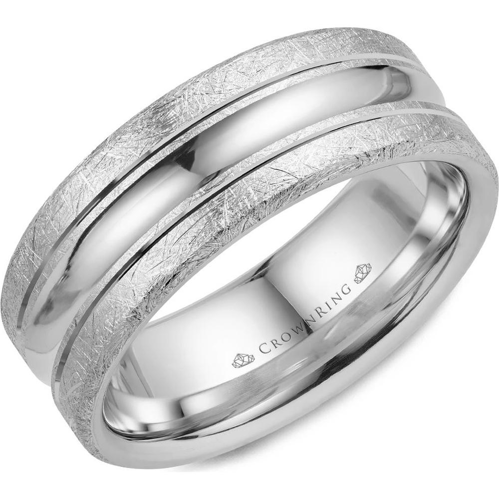CrownRing Men's Wedding Band - Brushed Textured Finish with Polished  Center Groove in 14K White Gold - 8mm Width from the Carved Collection