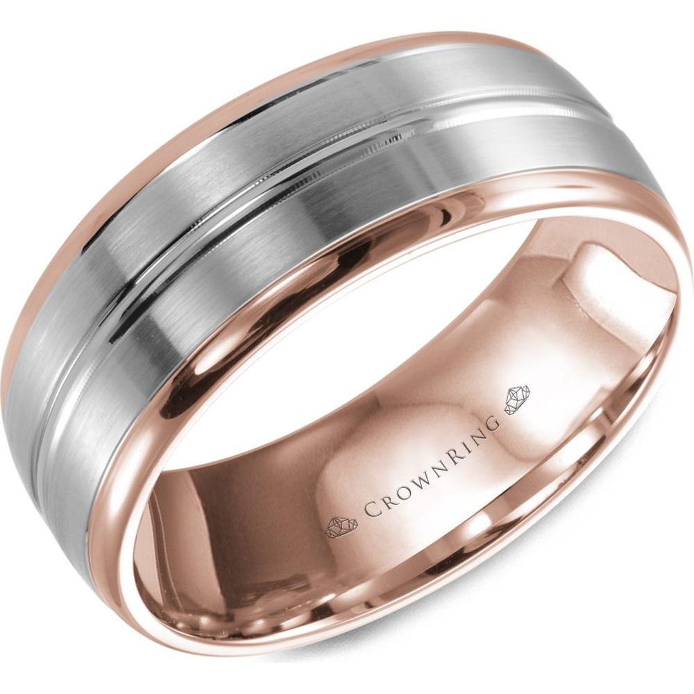 CrownRing Men's Wedding Band - Brushed Two-Tone Band with Polished Groove Detailing in 14K White Gold and Rose Gold - 8mm Width from the Classic Collection