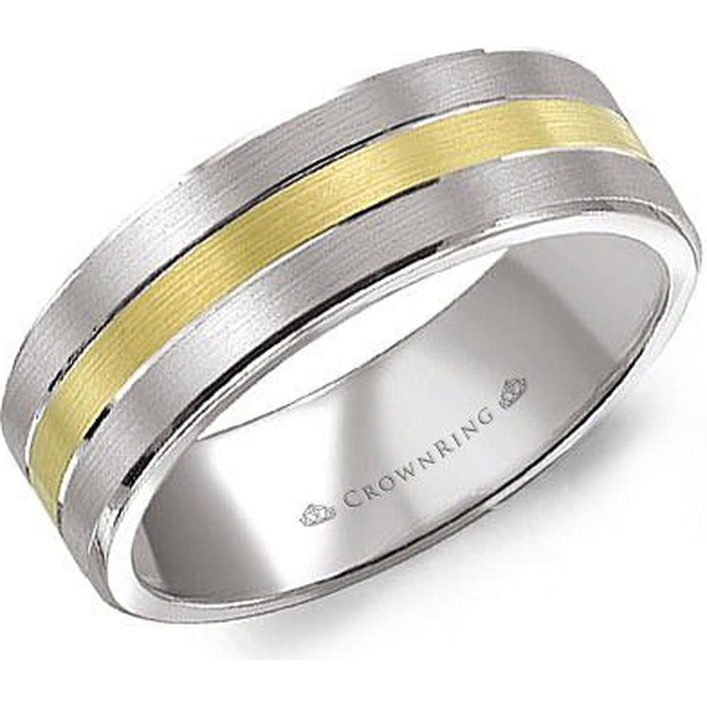 CrownRing Men's Wedding Band - Brushed Two-Tone Center Stripe with Polished Edges in 14K White Gold and Yellow Gold - 7mm Width from the Classic Collection