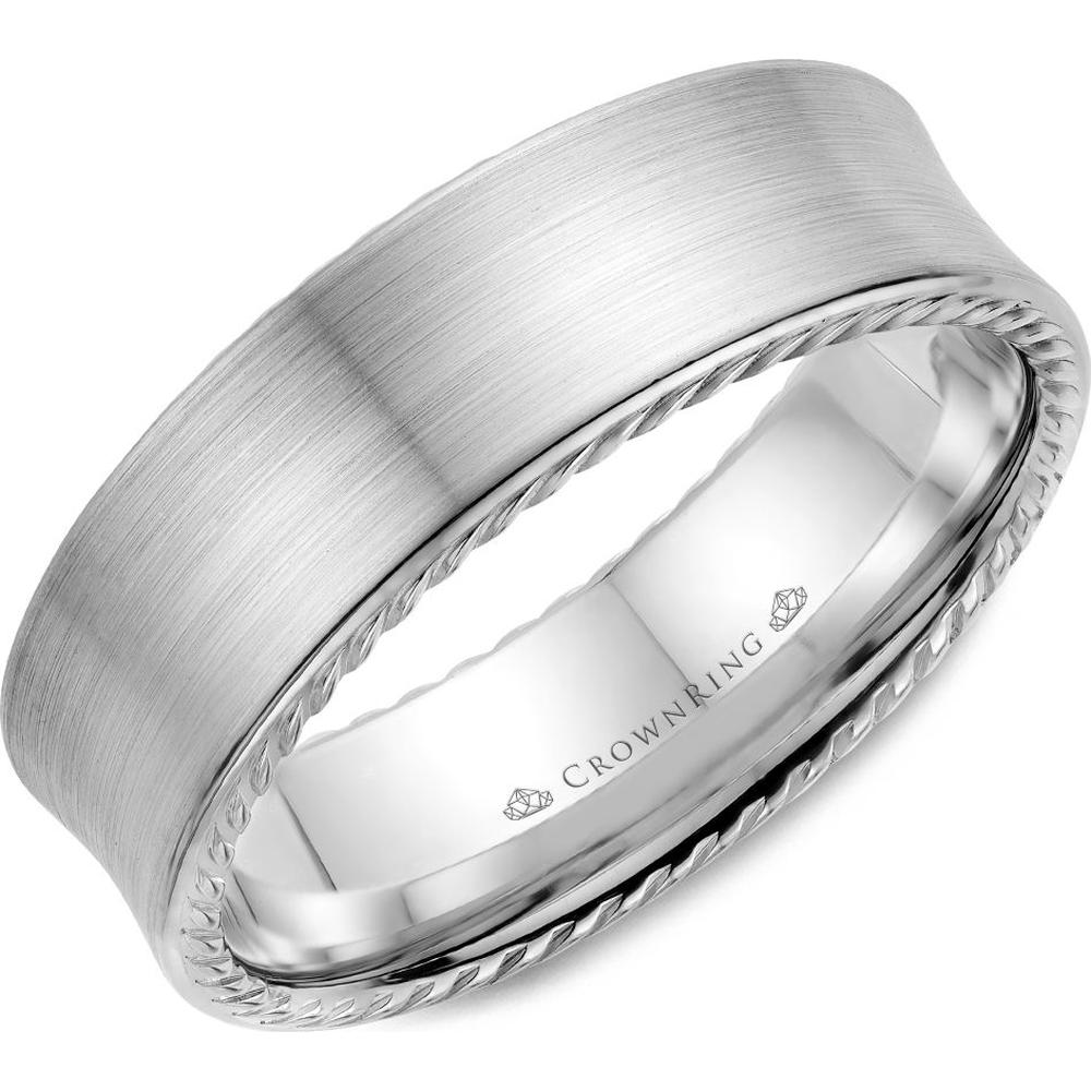 CrownRing Men's Wedding Band - Concave Satin Finish with Braided Rope Edging in 14K White Gold - 7mm Width from the Carved Collection