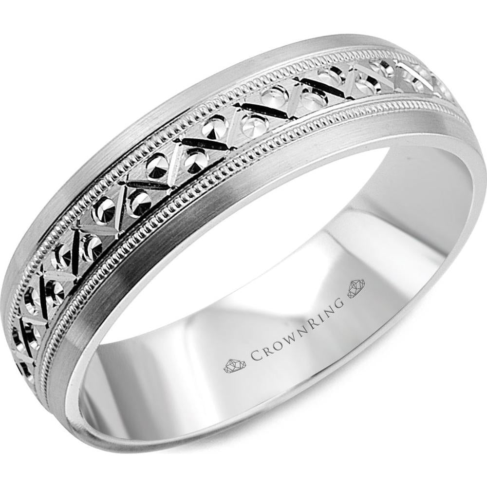 CrownRing Men's Wedding Band - Detailed Lattice Center with Milgrain Borders and Satin Finish in 14K White Gold - 6mm Width from the Carved Collection