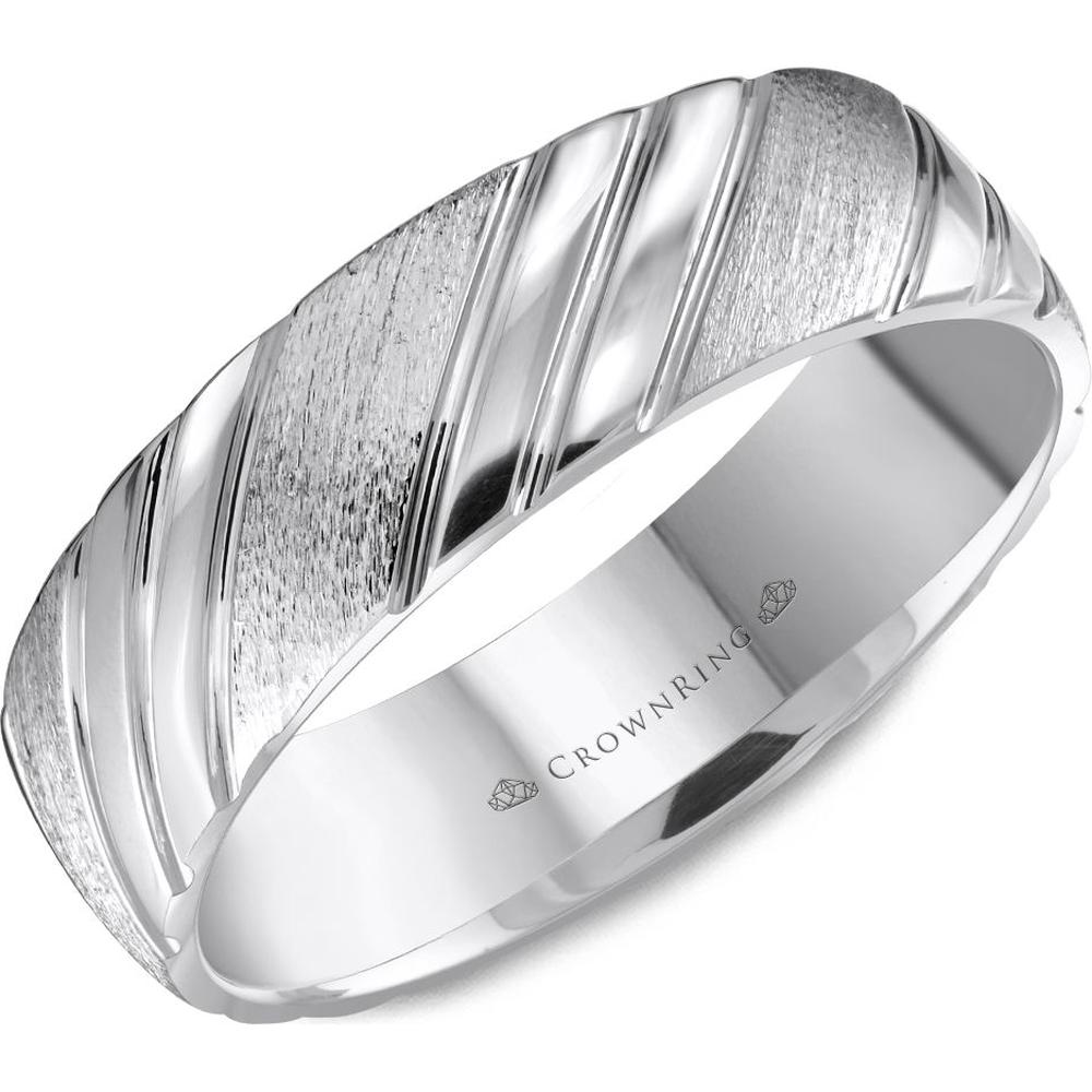 CrownRing Men's Wedding Band - Diagonal Brushed and Polished Grooved Design in 14K White Gold - 6mm Width from the Carved Collection
