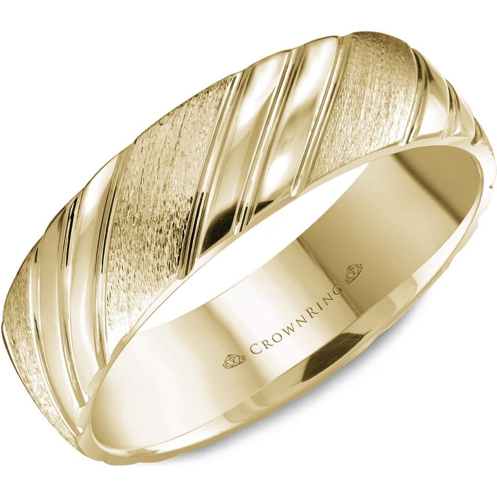 CrownRing Men's Wedding Band - Diagonal Brushed and Polished Grooved Design in 14K Yellow Gold - 6mm Width from the Carved Collection