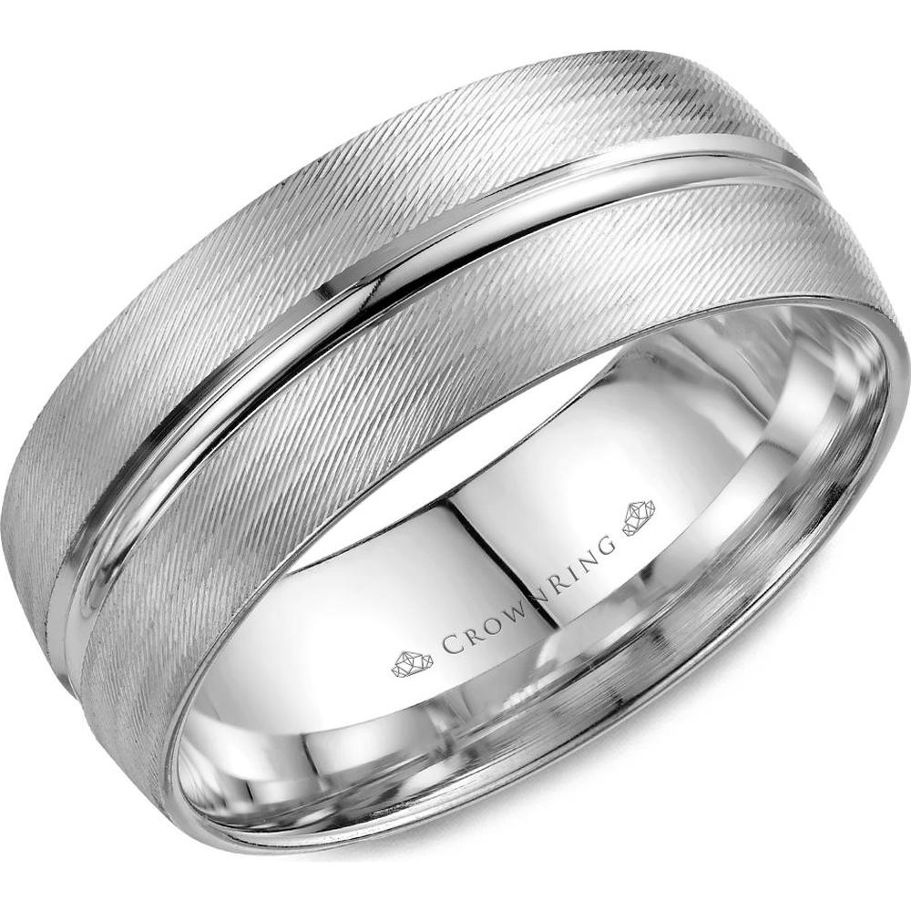 CrownRing Men's Wedding Band - Diagonal Textured Finish with Polished Groove and Edges in 14K White Gold - 8mm Width from the Carved Collection