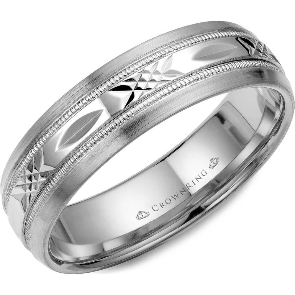 CrownRing Men's Wedding Band - Diamond-Cut Center with Brushed and Milgrain Edges in 14K White Gold - 6mm Width from the Carved Collection