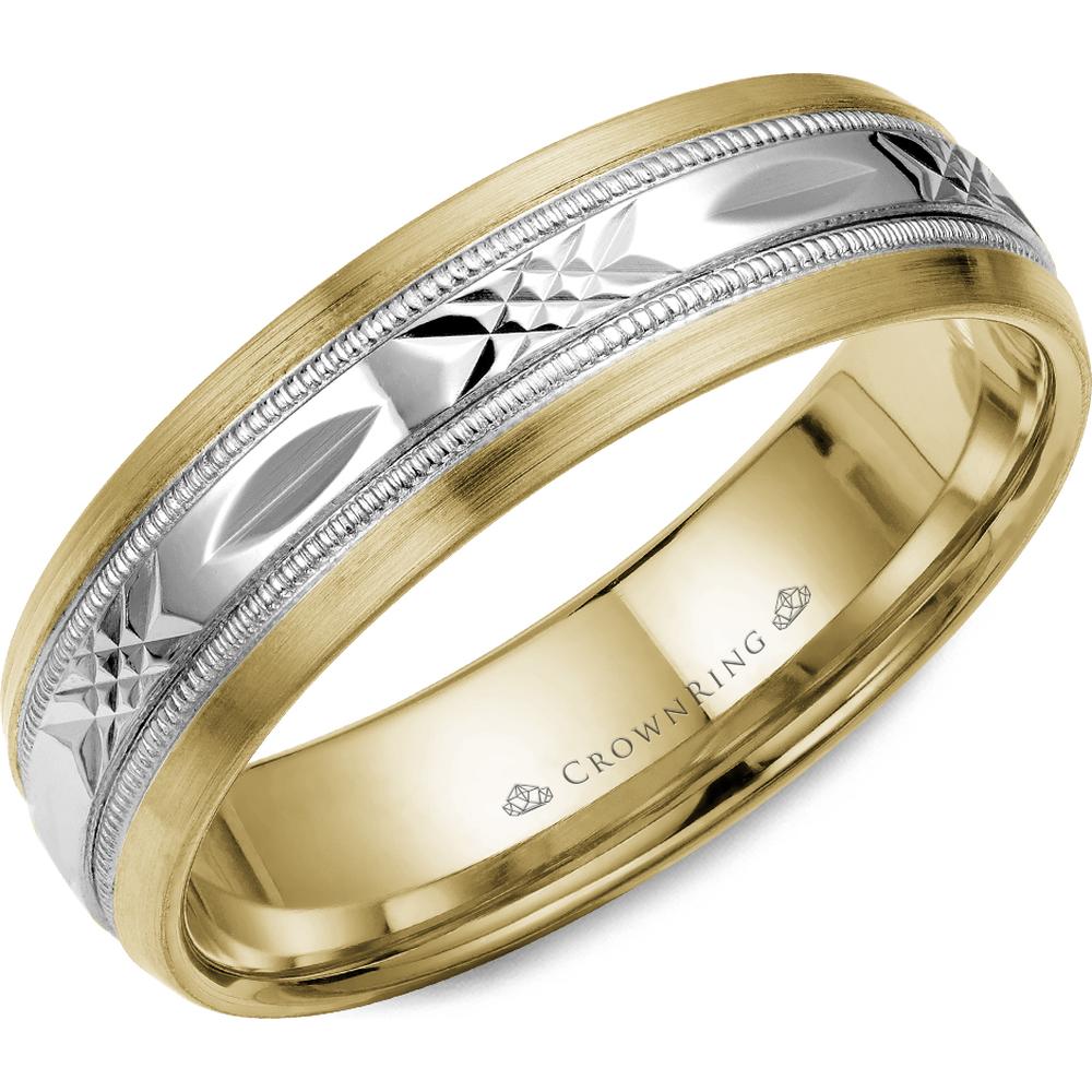 CrownRing Men's Wedding Band - Diamond-Cut Center with Brushed and Milgrain Edges in 14K Yellow and White Gold - 6mm Width from the Carved Collection