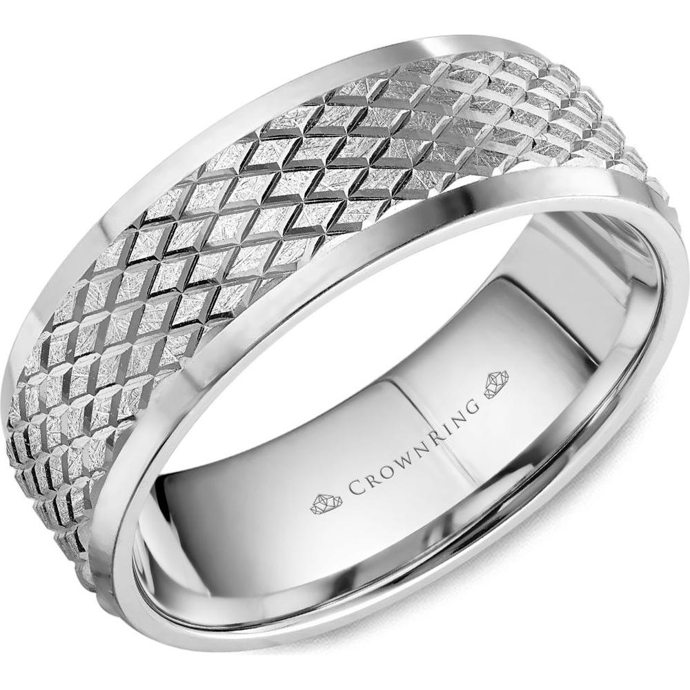 CrownRing Men's Wedding Band - Diamond-Patterned Textured Center with Polished Edges in 14K White Gold - 7.5mm Width from the Carved Collection
