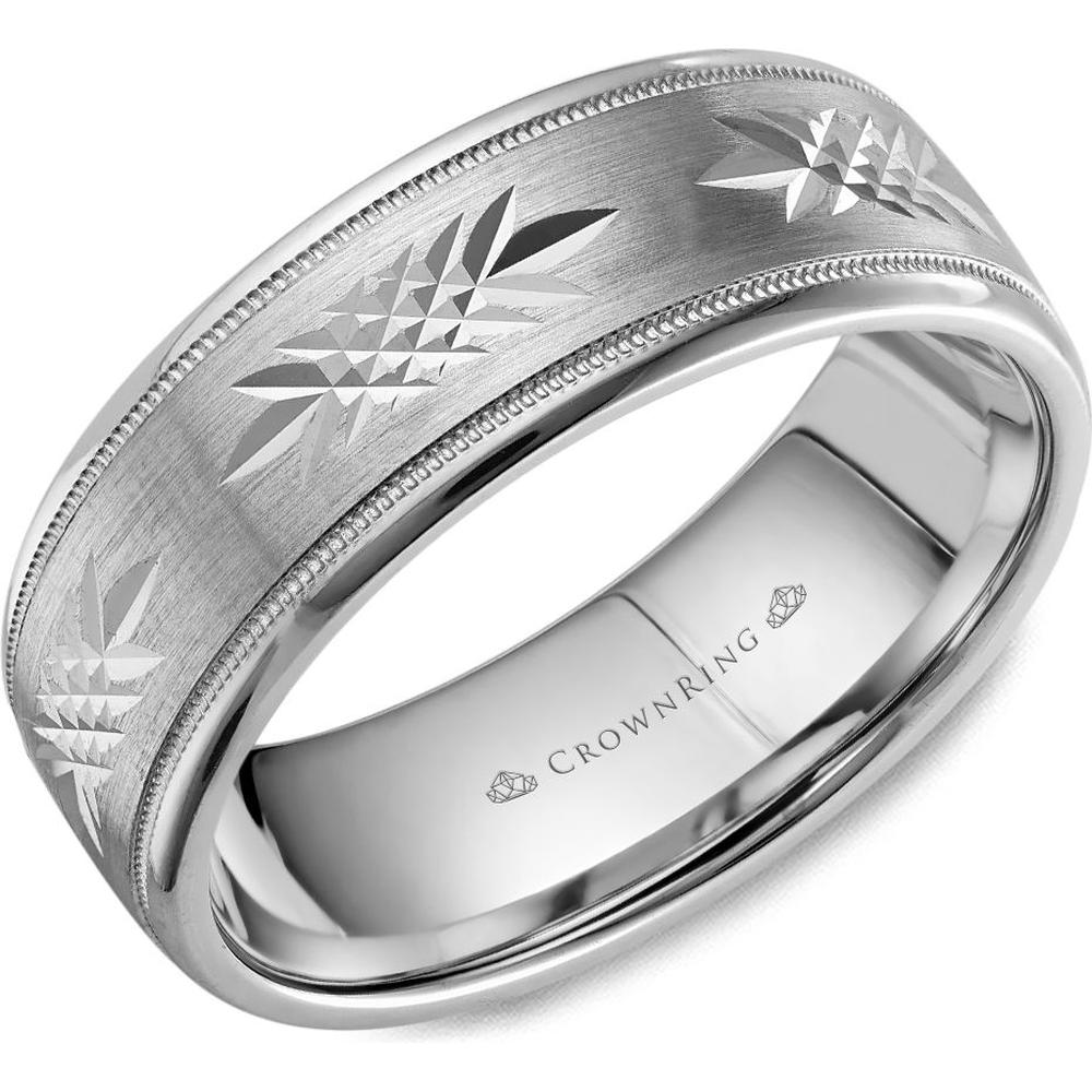 CrownRing Men's Wedding Band - Engraved Geometric Pattern with Brushed Center and Polished Beaded Edges in 14K White Gold - 7.5mm Width from the Carved Collection