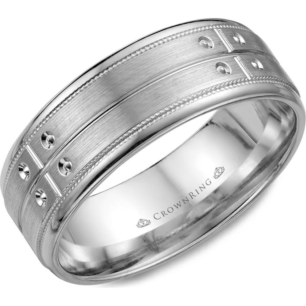 CrownRing Men's Wedding Band - extured Satin Finish with Cross Rivet Detailing in 14K White Gold - 7.5mm Width from the Carved Collection