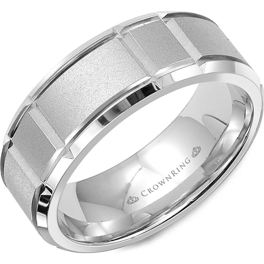 CrownRing Men's Wedding Band - Fine Sandblast Finish with Polished Geometric Dividers and High Polish Edges in 14K White Gold - 8mm Width from the Carved Collection