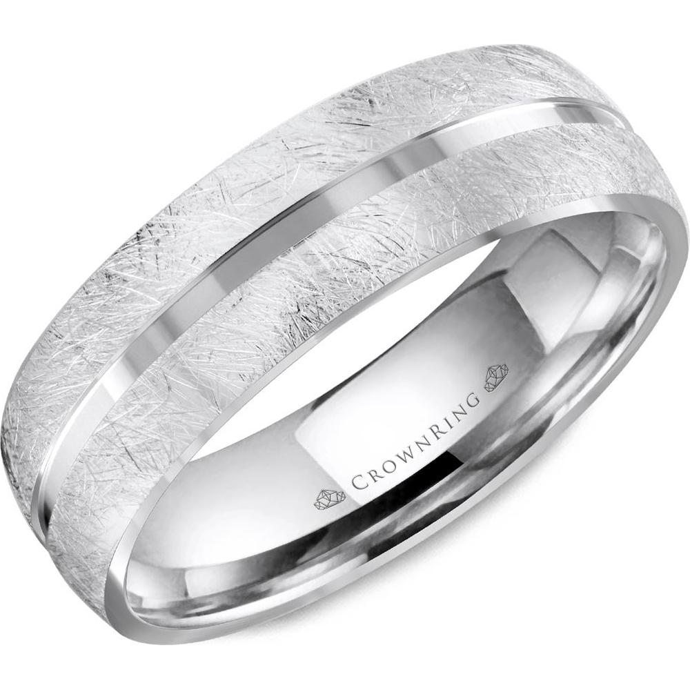 CrownRing Men's Wedding Band - Frosted Texture with Polished Center Groove in 14K White Gold - 6mm Width from the Carved Collection