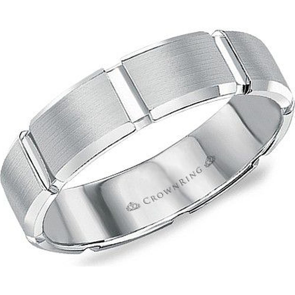 CrownRing Men's Wedding Band - Geometric Block Design with Brushed Finish in 14K White Gold - 5.5mm Width from the Carved Collection