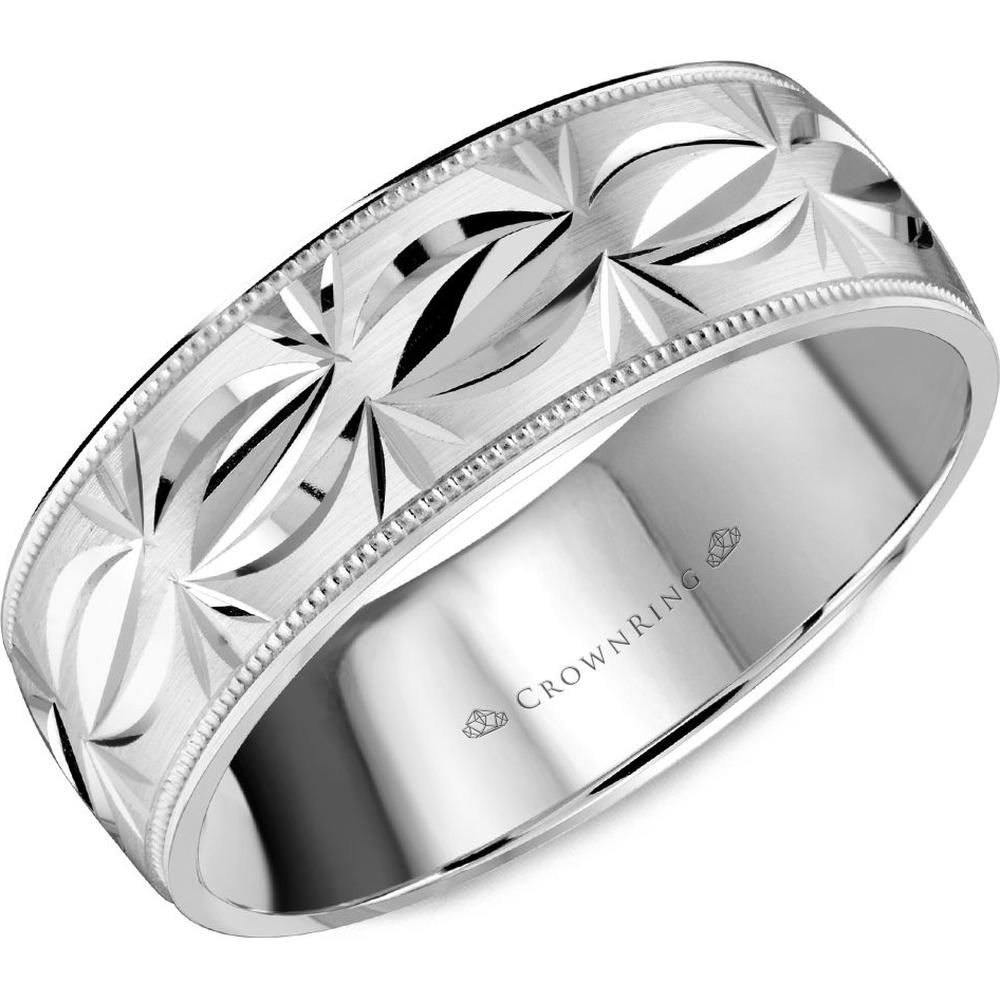 CrownRing Men's Wedding Band - Geometric Carved Design with Brushed Finish and Milgrain Edges in 14K White Gold - 7mm Width from the Carved Collection