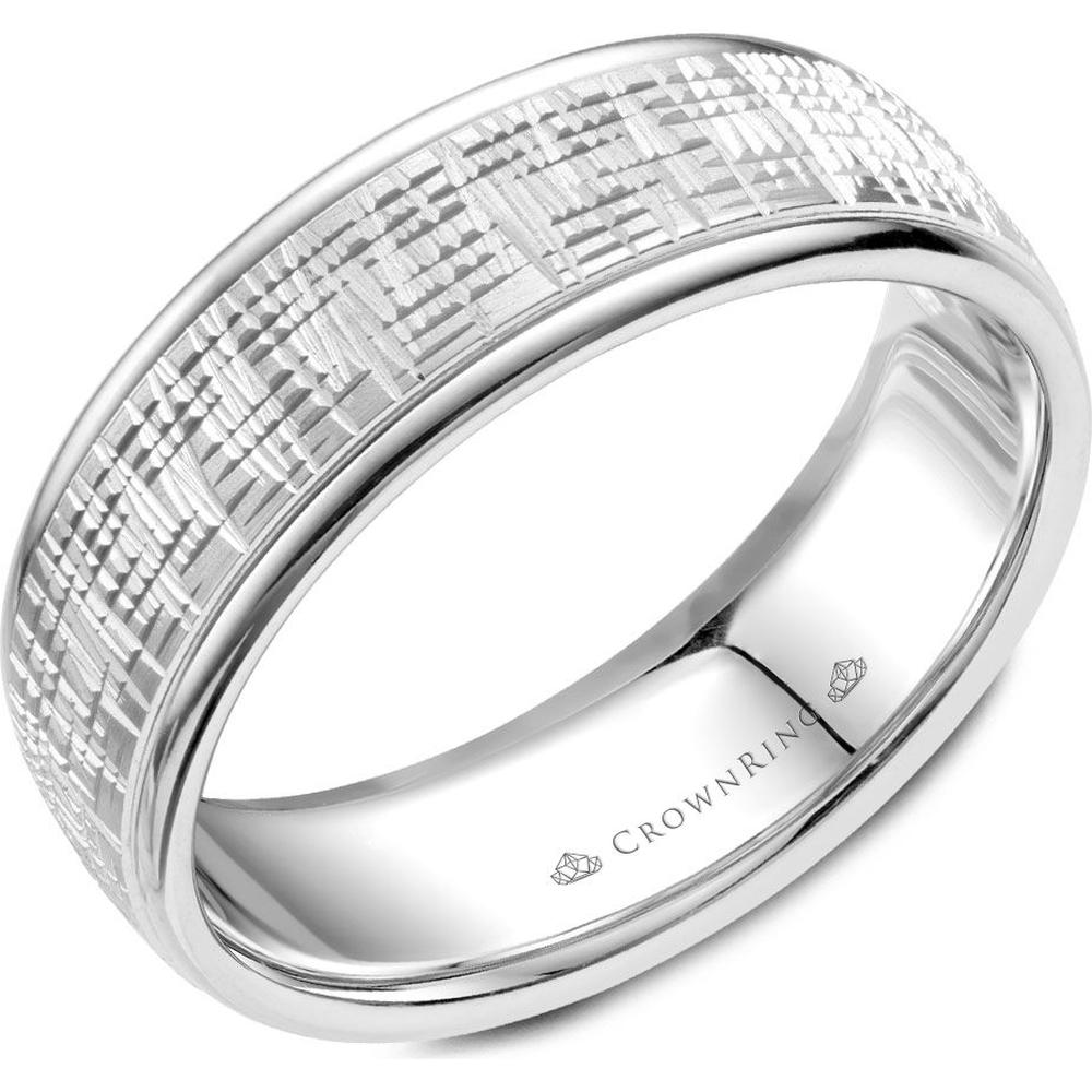 CrownRing Men's Wedding Band - Geometric Etched Pattern with Polished Edging in 14K White Gold - 7mm Width from the Carved Collection