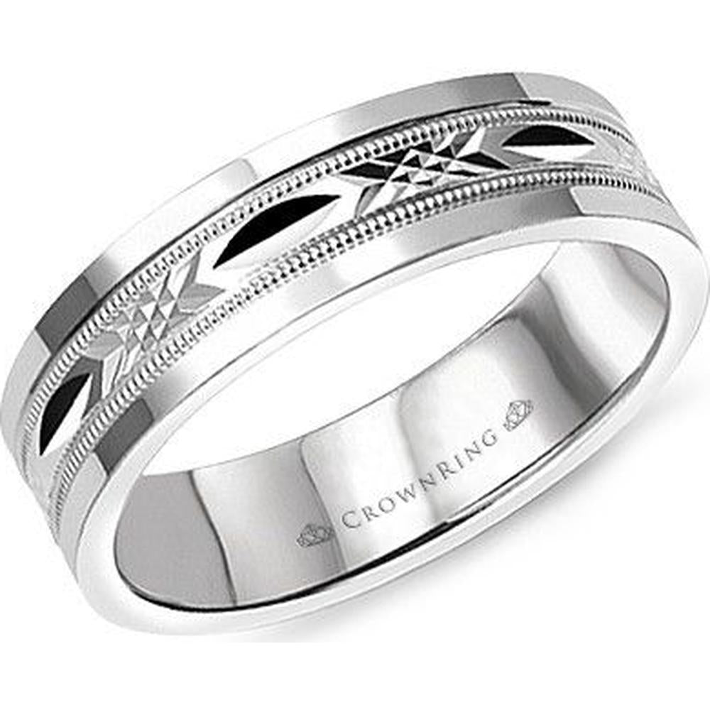 CrownRing Men's Wedding Band - Geometric Motif with Milgrain Detail in 14K White Gold - 6mm Width from the Carved Collection