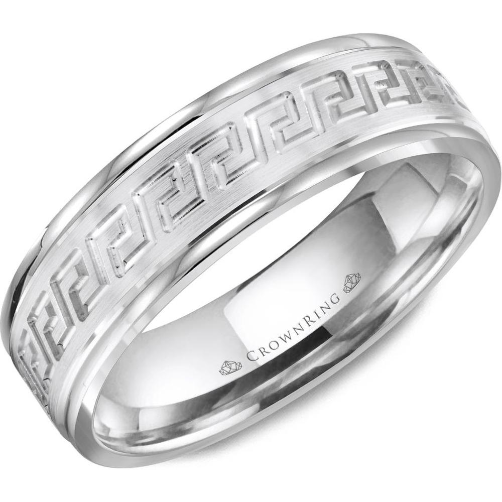 CrownRing Men's Wedding Band - Greek Key Design with Brushed Center and Polished Edges in 14K White Gold - 6mm Width from the Carved Collection