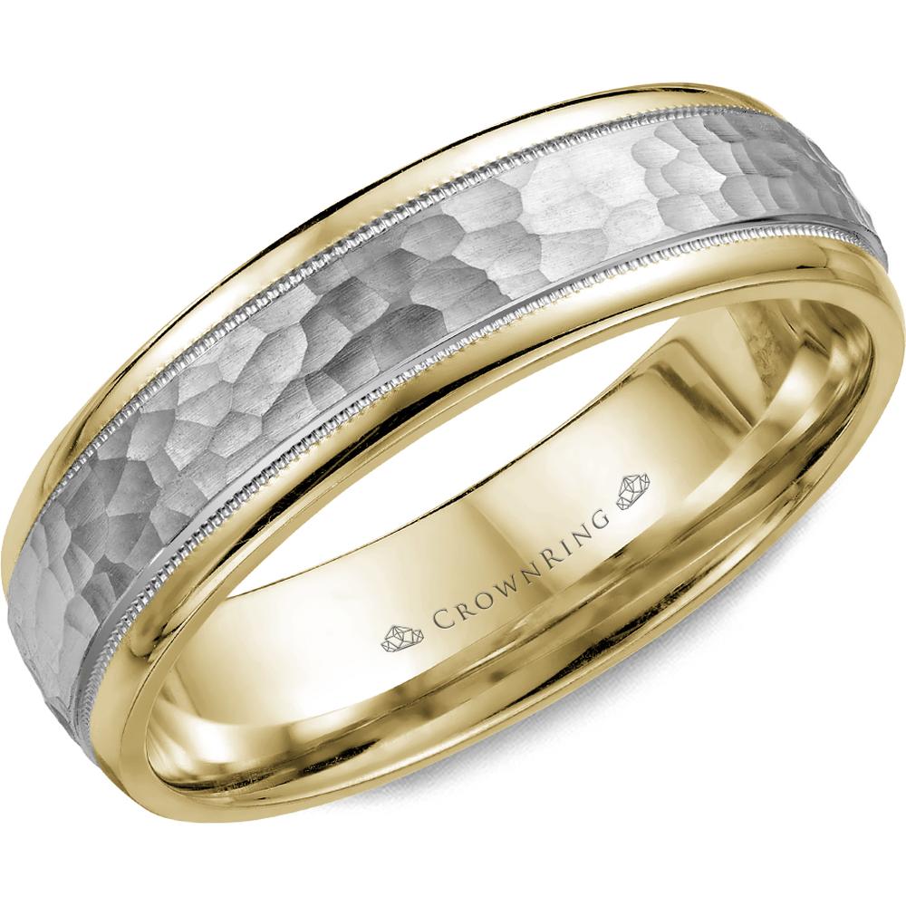 CrownRing Men's Wedding Band - Hammered Center Band with Milgrain Edging and Polished Gold Borders in 14K Yellow and White Gold - 6mm Width from the Carved Collection