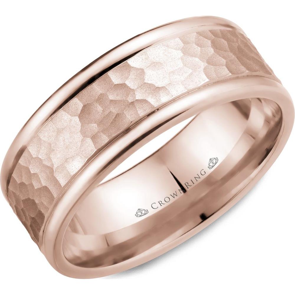 CrownRing Men's Wedding Band - Hammered Center with Polished Edges in 14K Rose Gold - 8mm Width from the Carved Collection