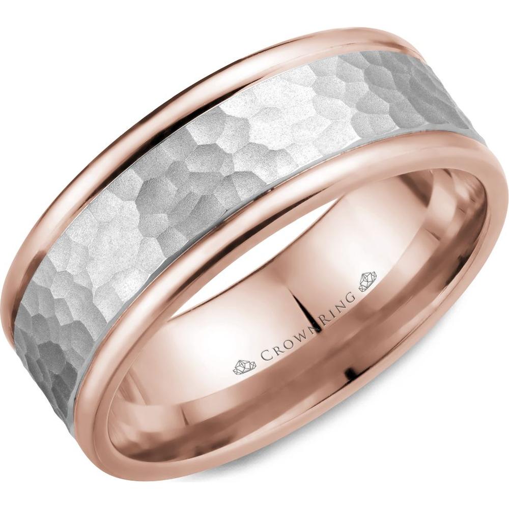 CrownRing Men's Wedding Band - Hammered Center with Polished Edges in 14K Rose Gold - 8mm Width from the Carved Collection