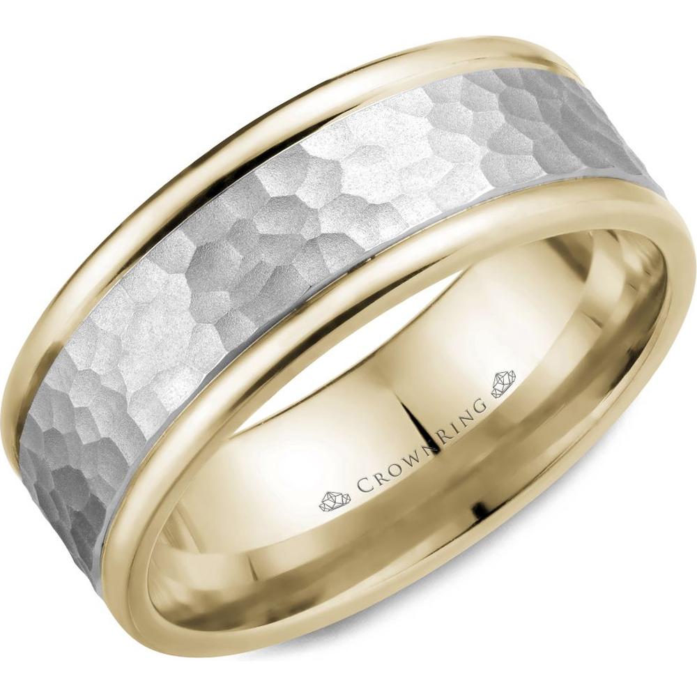CrownRing Men's Wedding Band - Hammered Center with Polished Edges in 14K Yellow Gold - 8mm Width from the Carved Collection