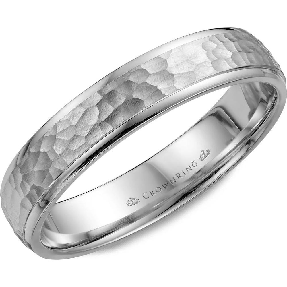 CrownRing Men's Wedding Band - Hammered Finish Center with Polished Edges in 14K White Gold - 4.5mm Width from the Carved Collection