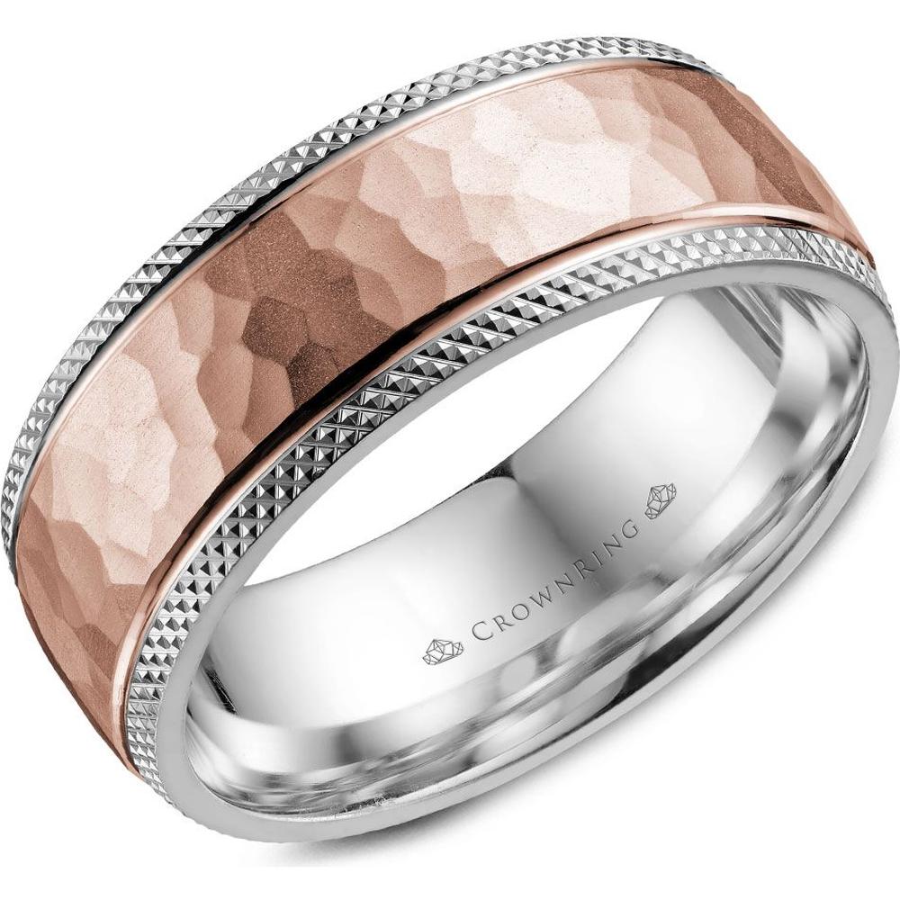 CrownRing Men's Wedding Band - Hammered Finish with Diamond-Cut Milgrain Edges in 14K White Gold - 8mm Width from the Carved Collection